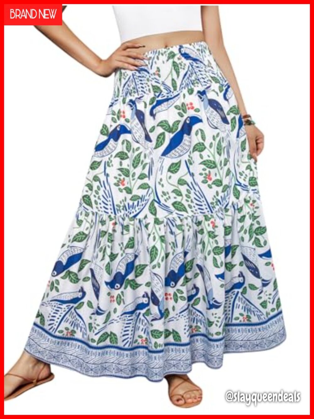 Women's Boho A-Line Maxi Skirt High Waist Pleated Flowy Long